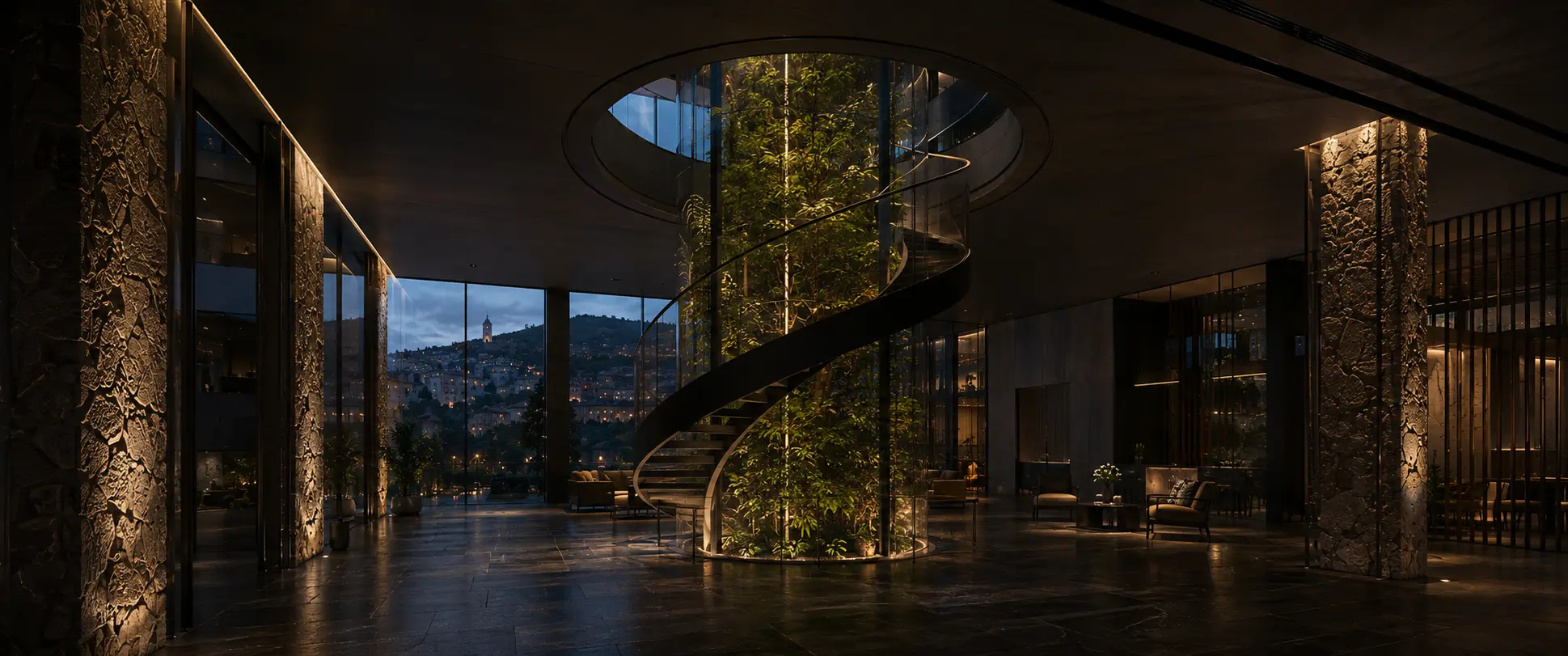 Spatial visualisation of the private crown atrium, bio-tower and helical stair.