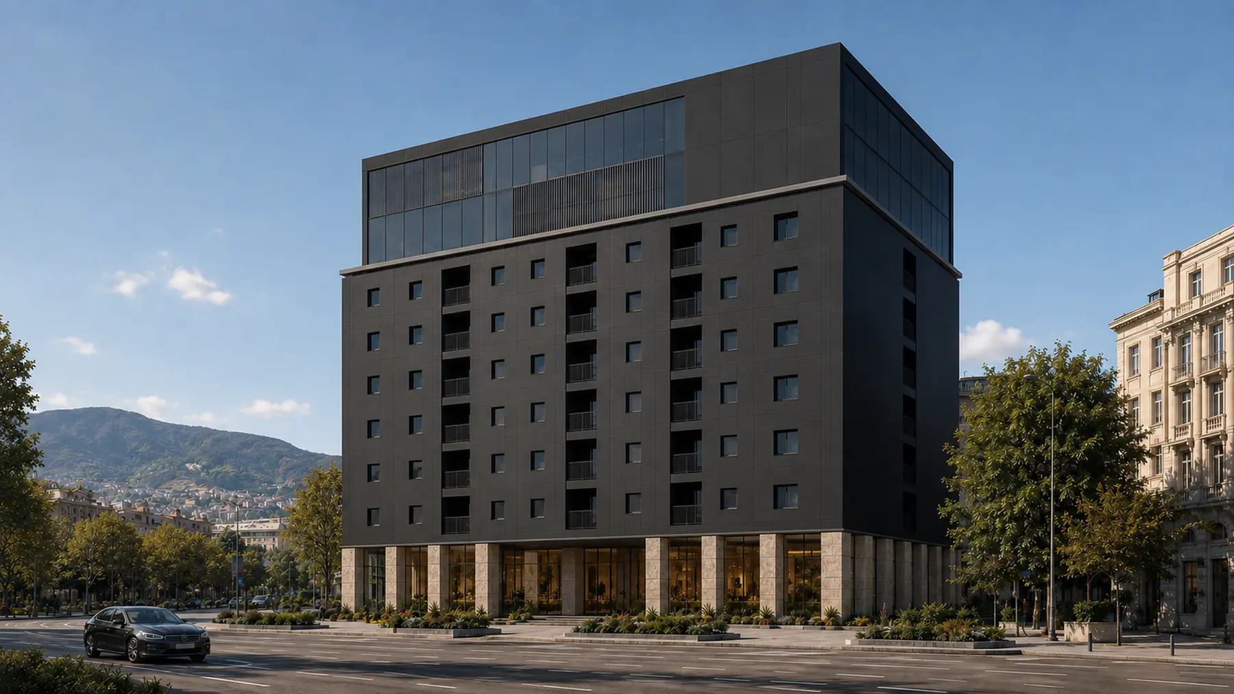 Obsidian Crown, a black residential cube in Tbilisi.