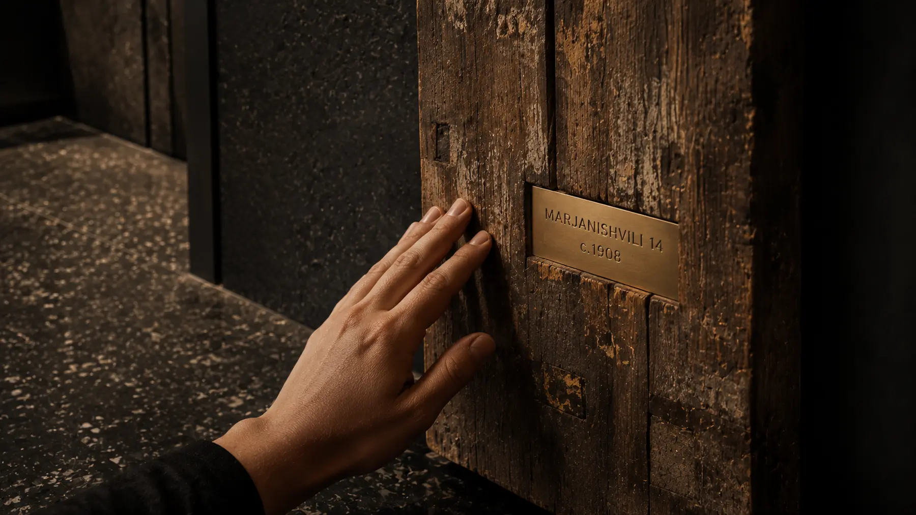 A hand touching reclaimed Tbilisi timber set with a provenance plate.