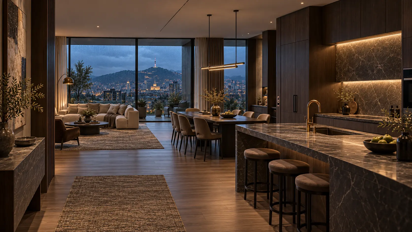 Kitchen · dining: Dinner keeps the skyline in the room.