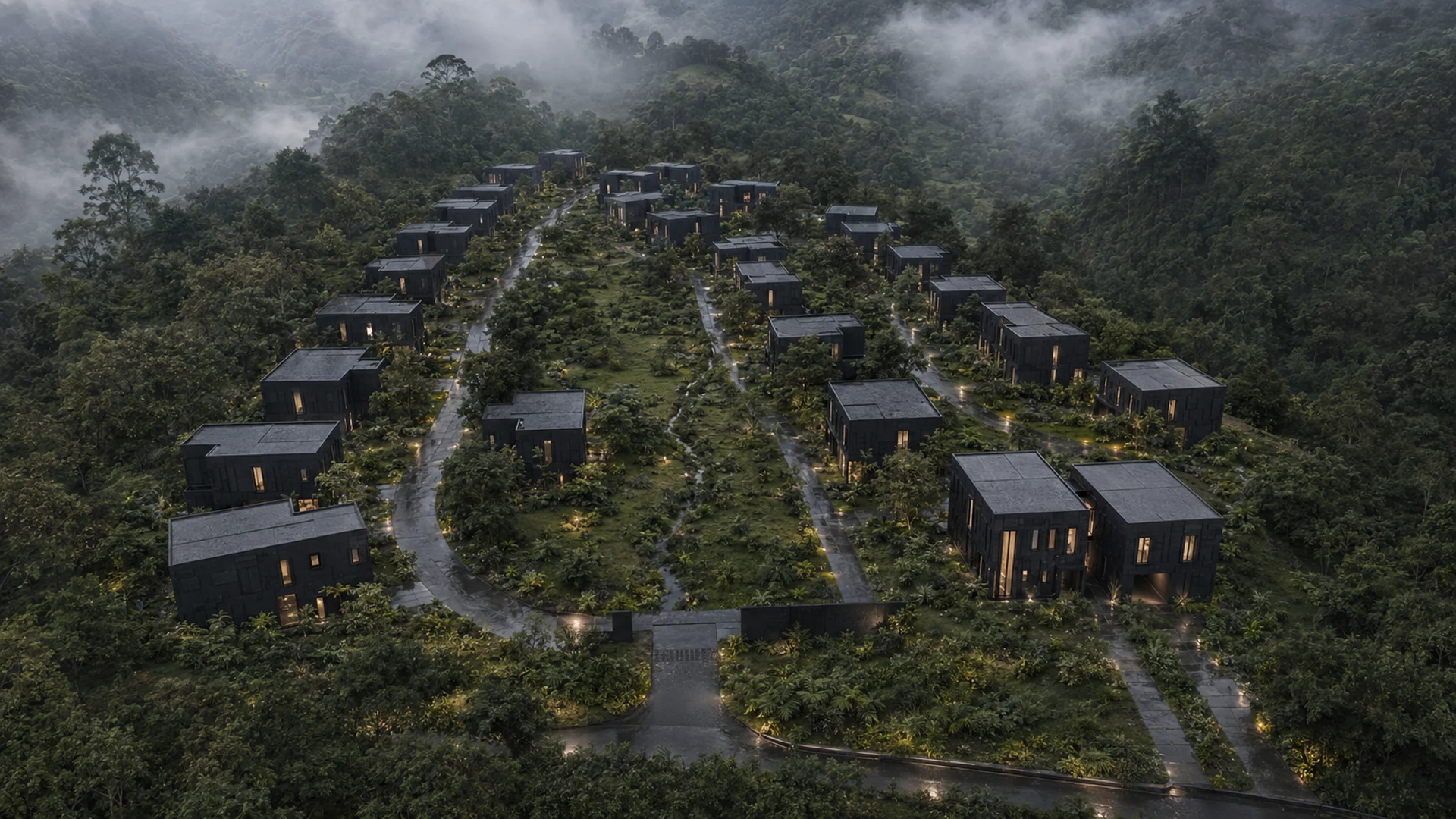 Umbral Alto residences arranged around a shared green in Antioquia.